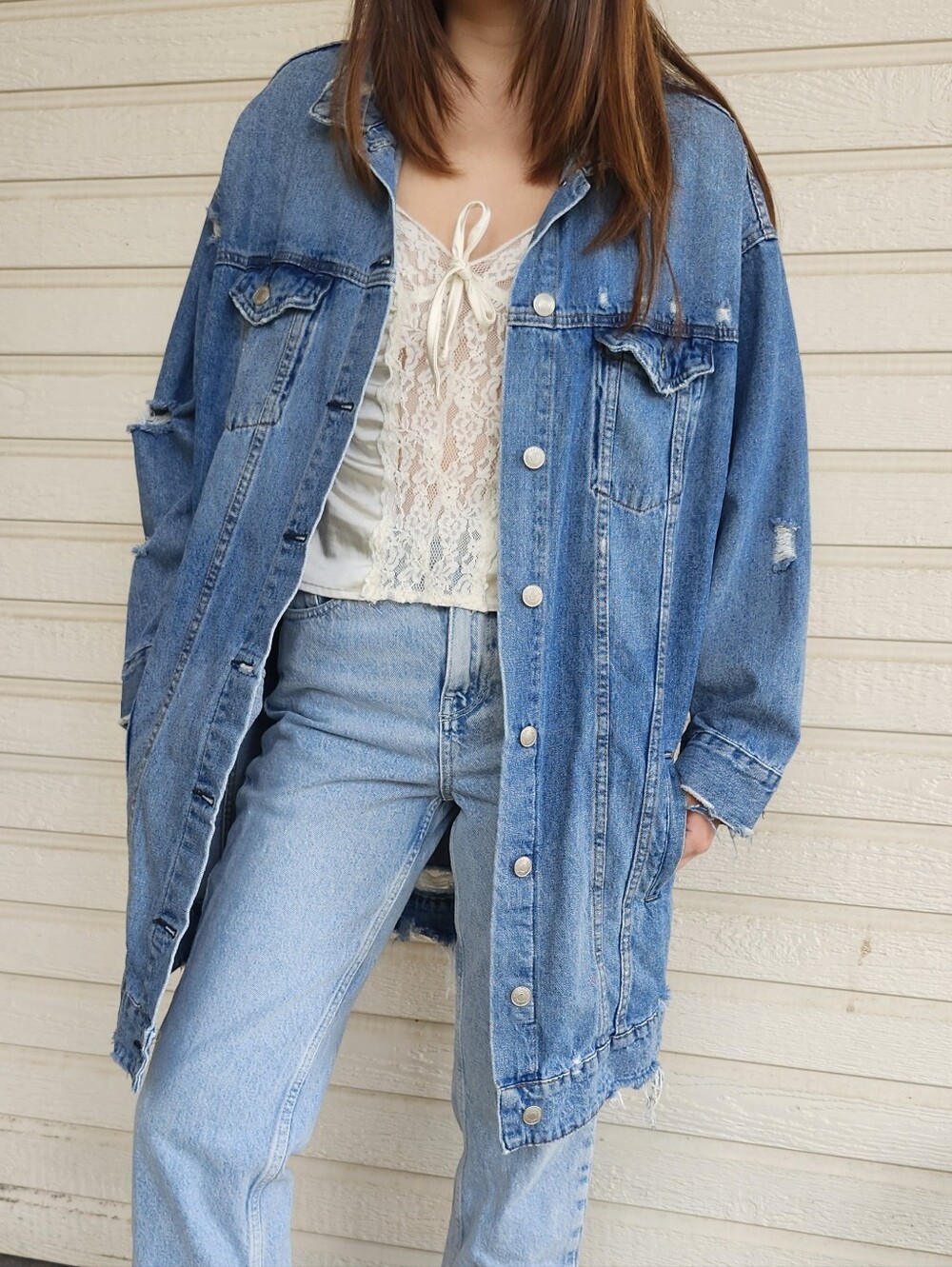 Signature Distressed Long Denim Jean Jacket Size M/L